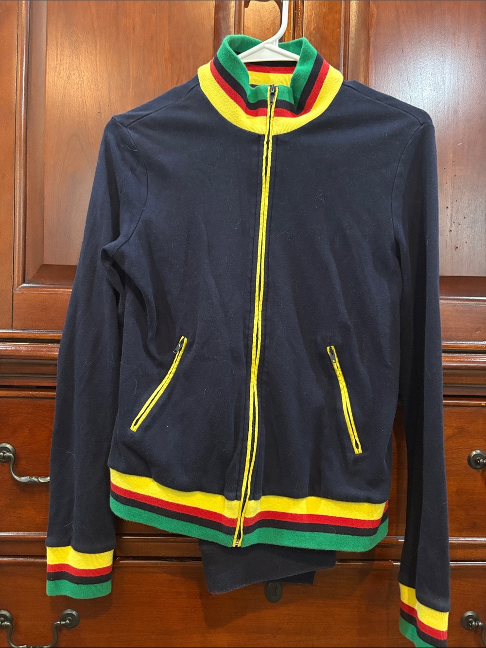 Boston Proper Navy Zip-Front Hoodie with Yellow, Green & Red Trim